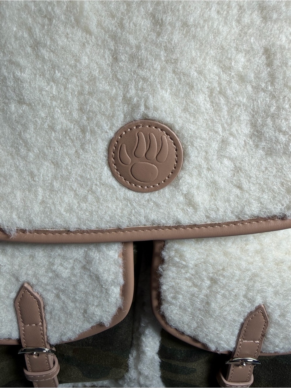 BearPaw Camo Backpack with Cream Sherpa Trim and Tan Accents - Picture 2 of 13